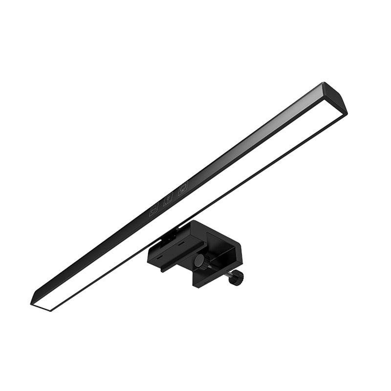 Black monitor light bar at an angle, showing the slim extrusion and the monitor clip