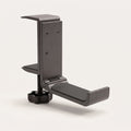 Under-desk headphone hook in dark aluminium, showing the clamp screw and the hanger arm