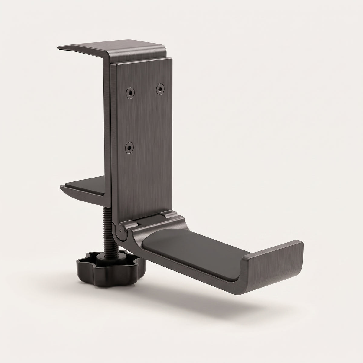 Under-desk headphone hook in dark aluminium, showing the clamp screw and the hanger arm