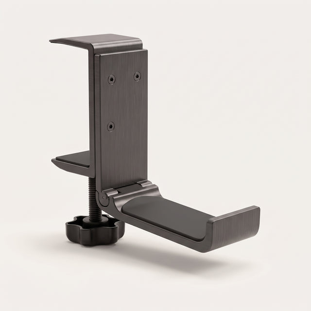 Under-desk headphone hook in dark aluminium, showing the clamp screw and the hanger arm