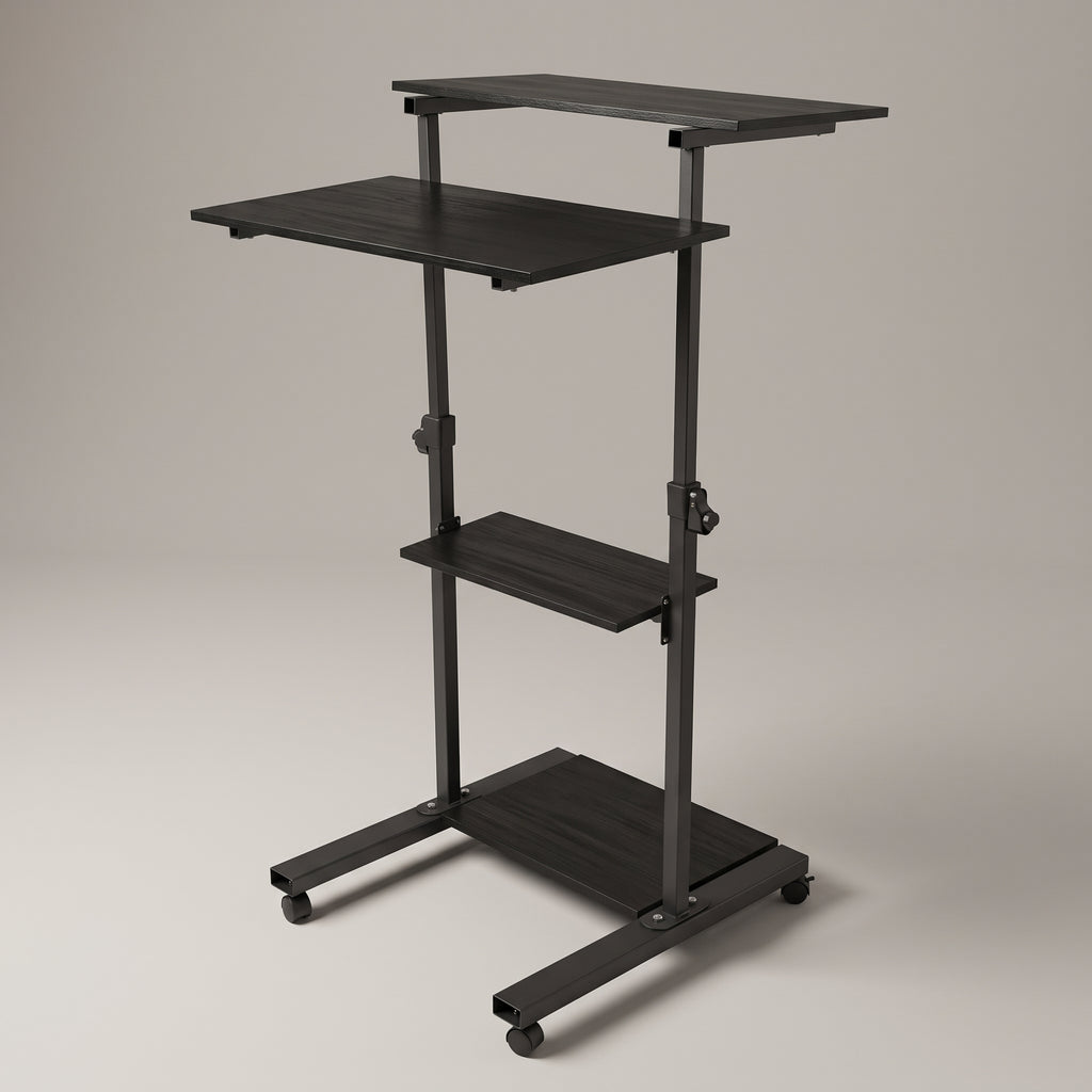 Mobile standing desk cart with four tiers and locking castors
