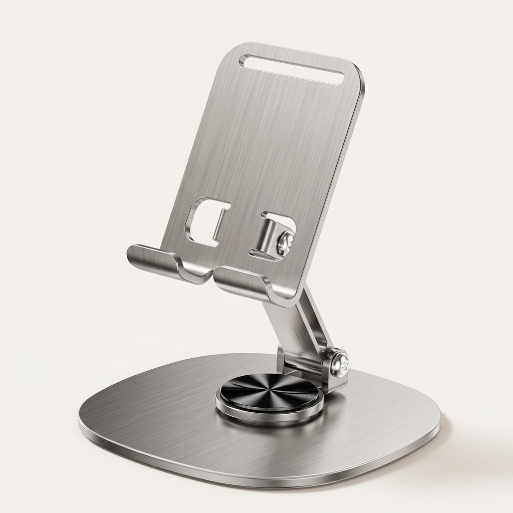Folding phone stand open and empty, showing the two hinges and the round rotating base