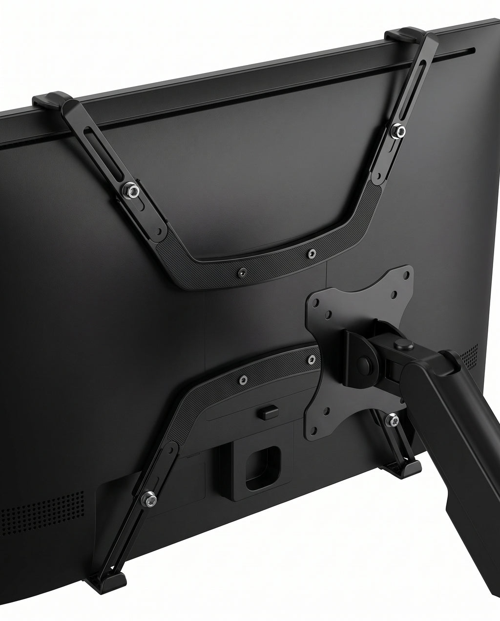Close view of the VESA adapter bracket clamped to a monitor back with the arm plate bolted on
