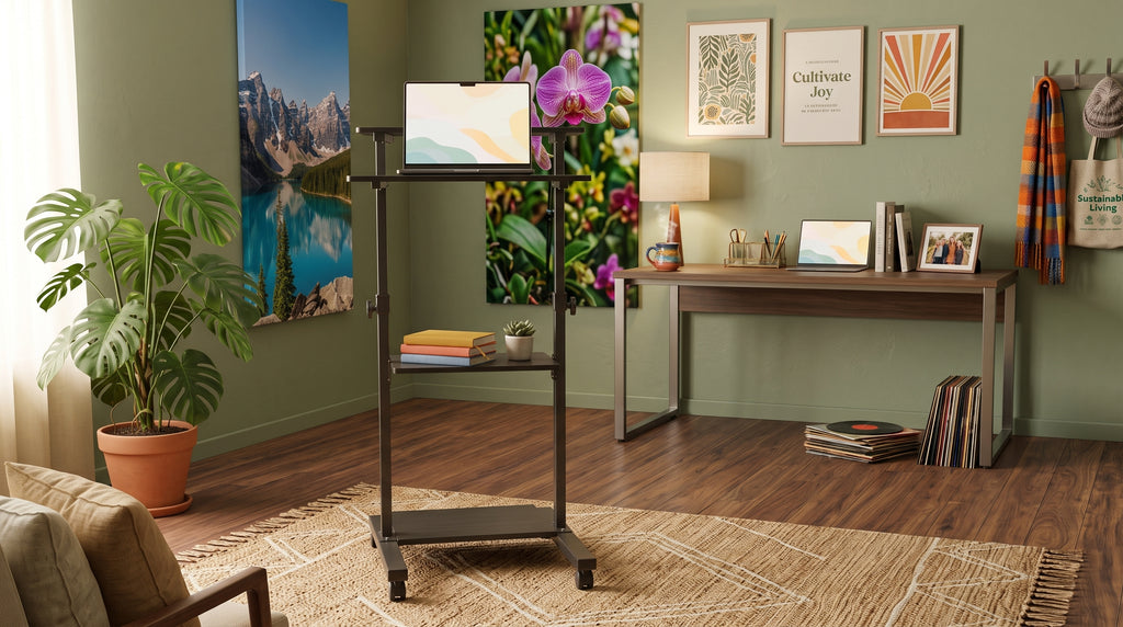 Mobile standing desk cart in use in a home office