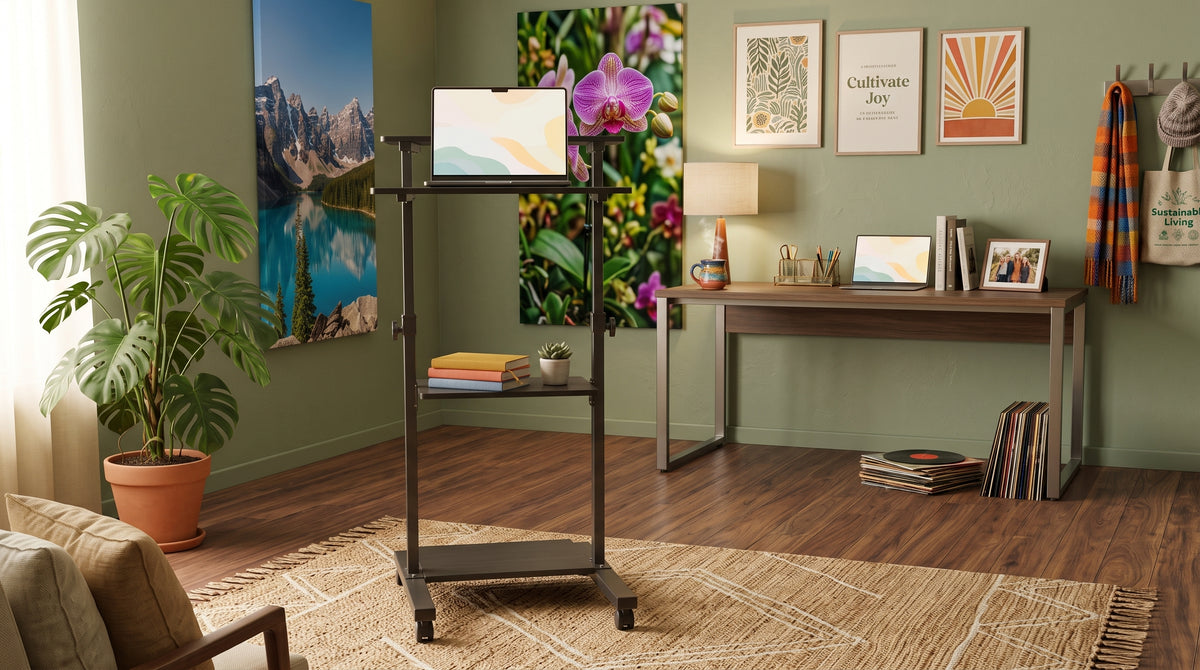Mobile standing desk cart in use in a home office