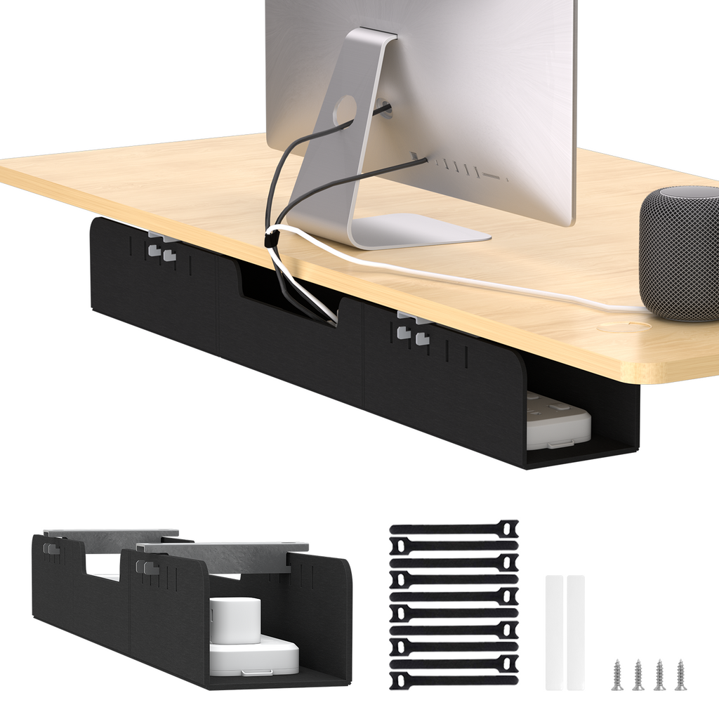 Cable tray fitted under a desktop, shown with the cable ties and screws included in the box