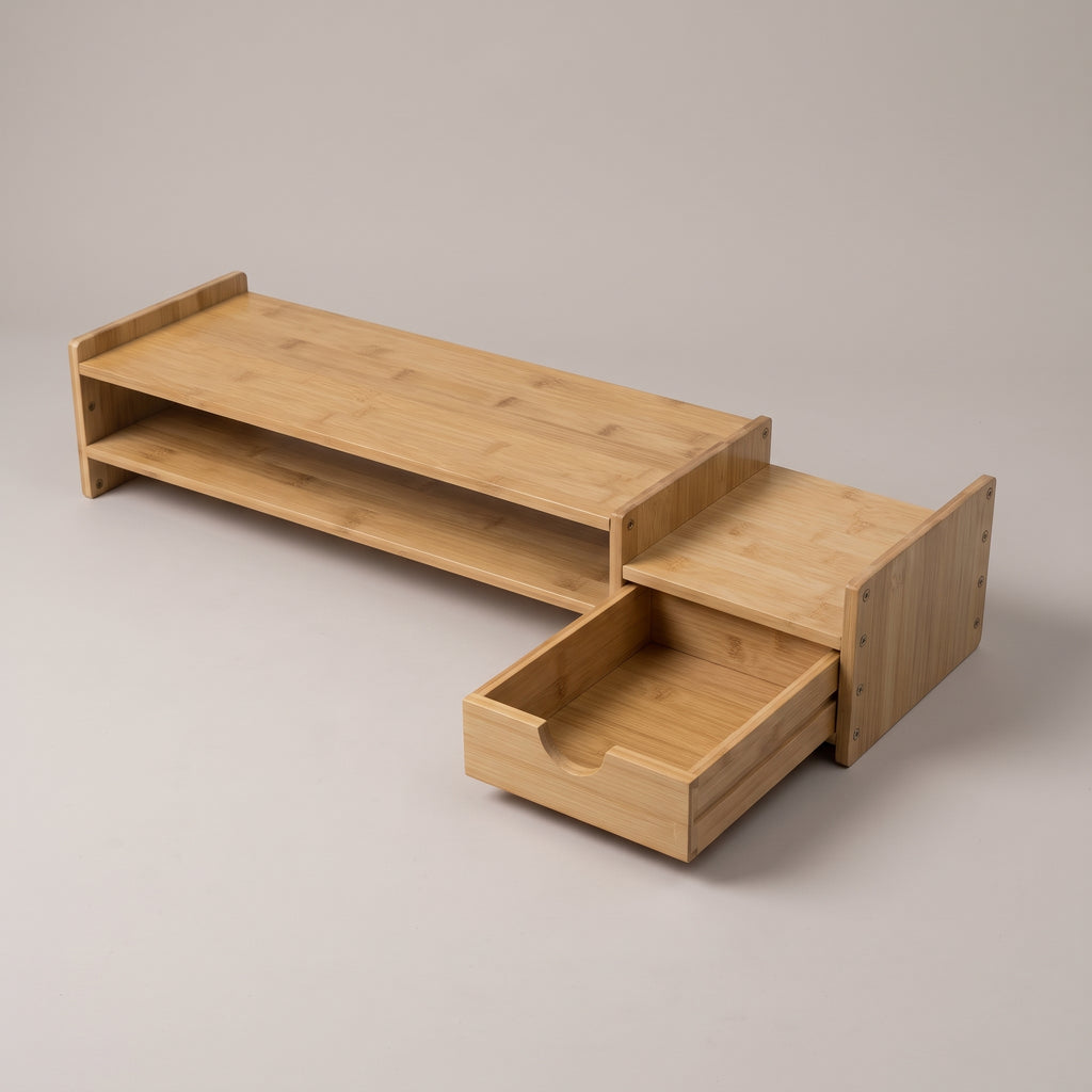 Bamboo monitor stand seen at an angle with the drawer pulled open
