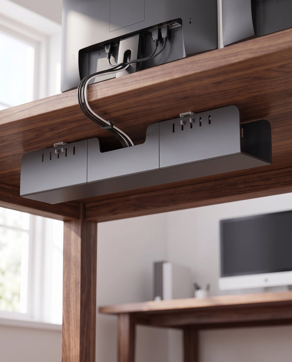 Under-desk cable tray mounted beneath a walnut desktop with cables routed into it