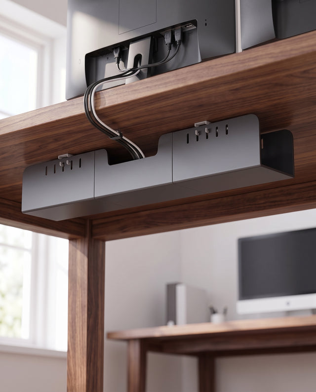 Under-desk cable tray mounted beneath a walnut desktop with cables routed into it