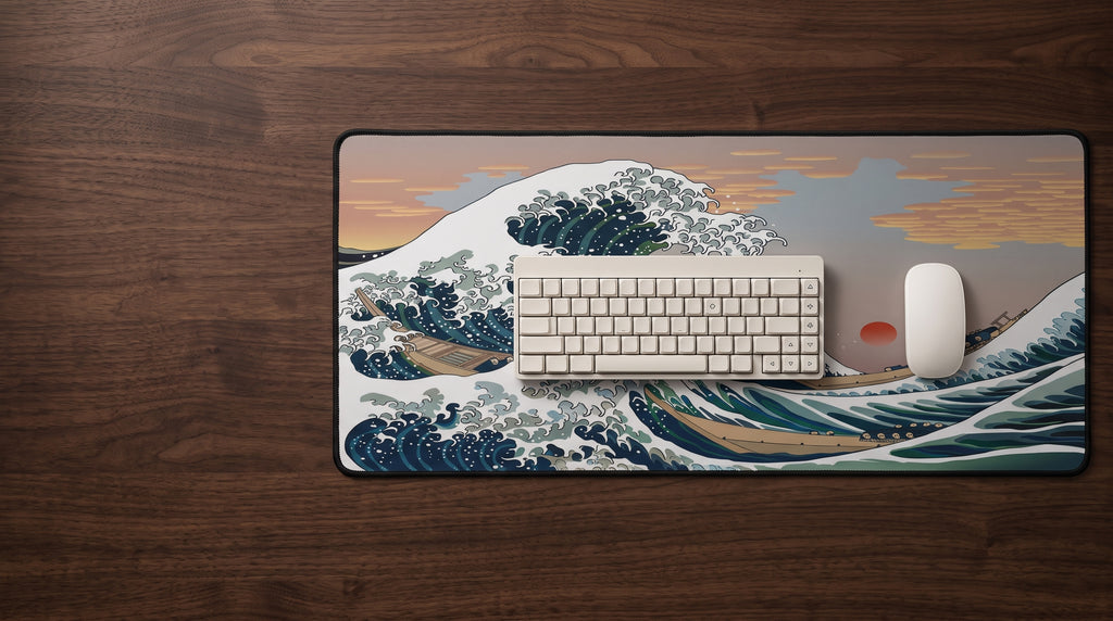 Great Wave desk mat on a dark desk with a keyboard and mouse
