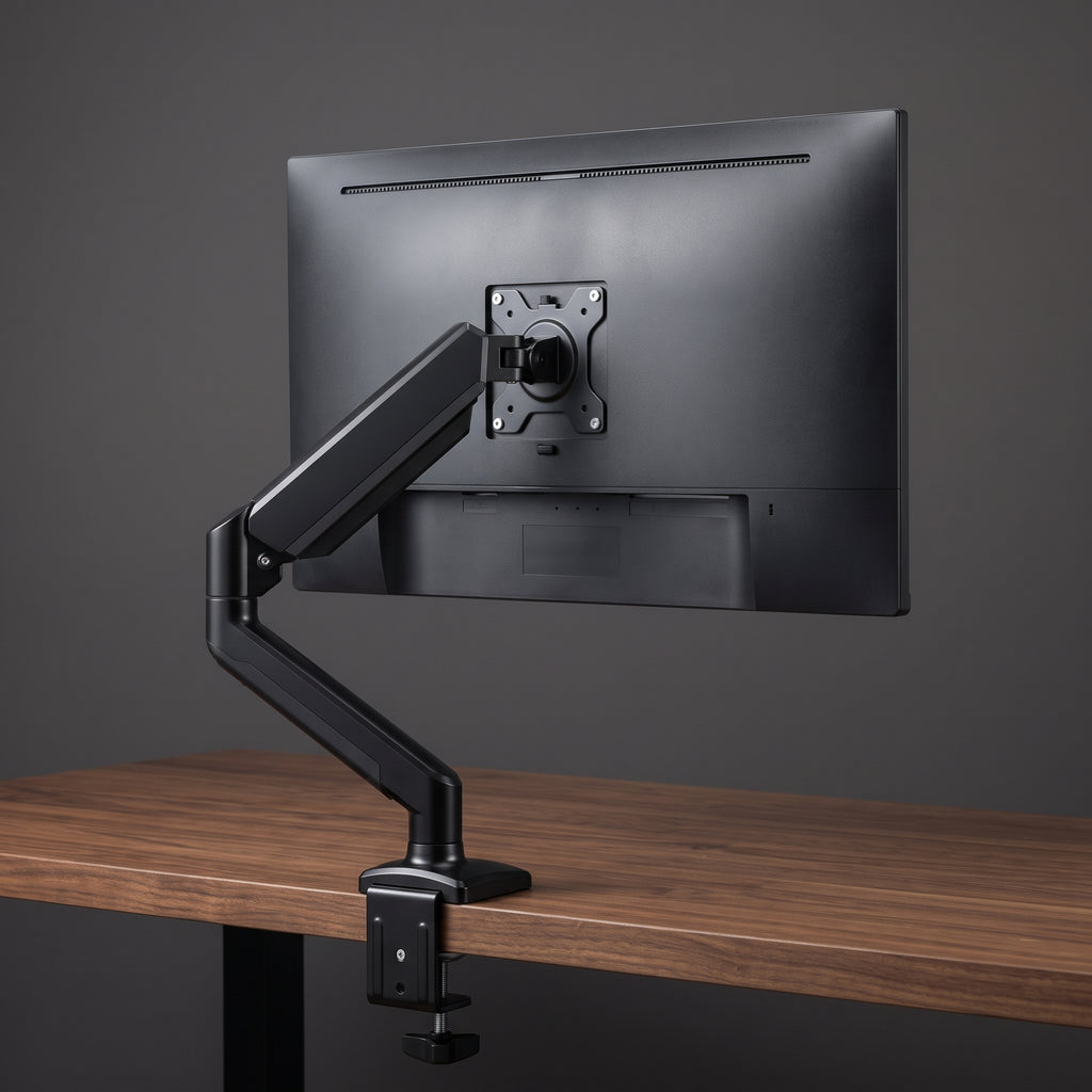 Rear view of the gas spring monitor arm's VESA plate mounted to the back of a monitor