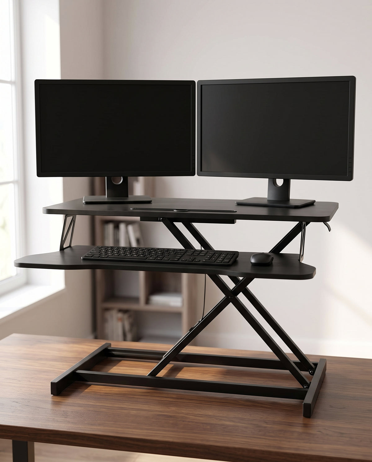 Sit-stand desk converter at standing height carrying two monitors with a keyboard on the tray below
