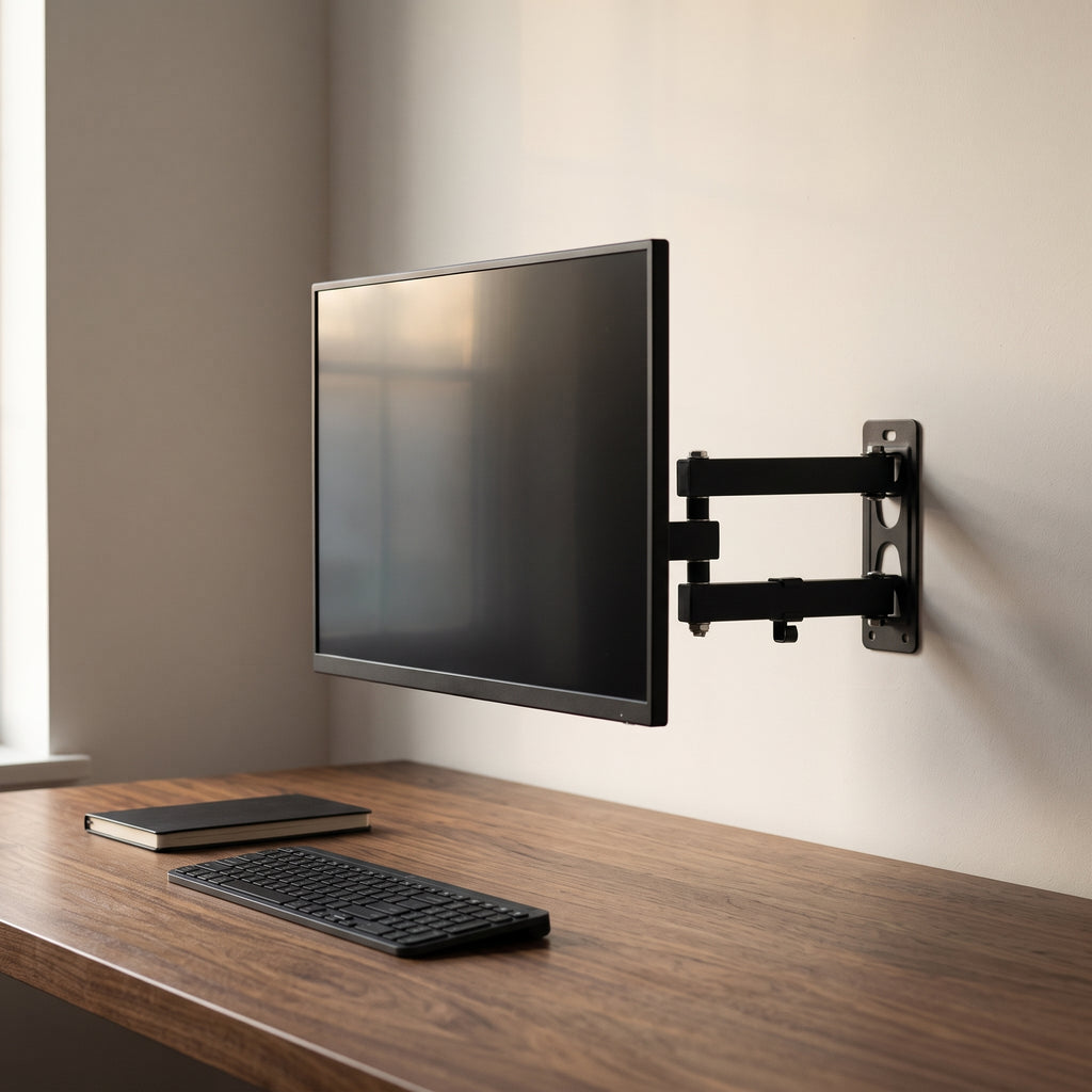 Full motion TV wall mount holding a television, extended and swivelled toward the room