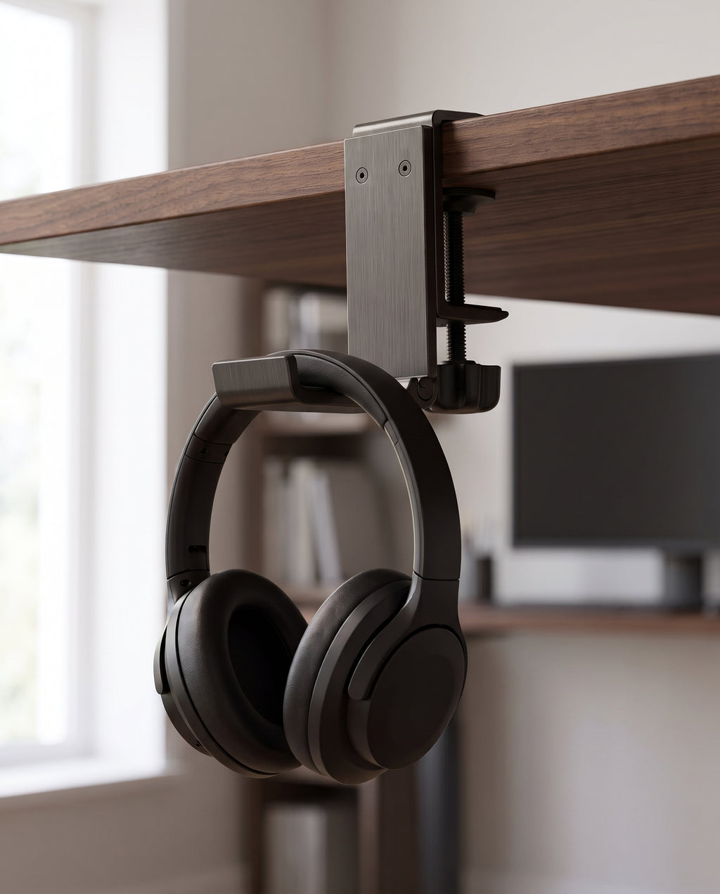 Headphone hook clamped under a walnut desk with over-ear headphones hanging from it