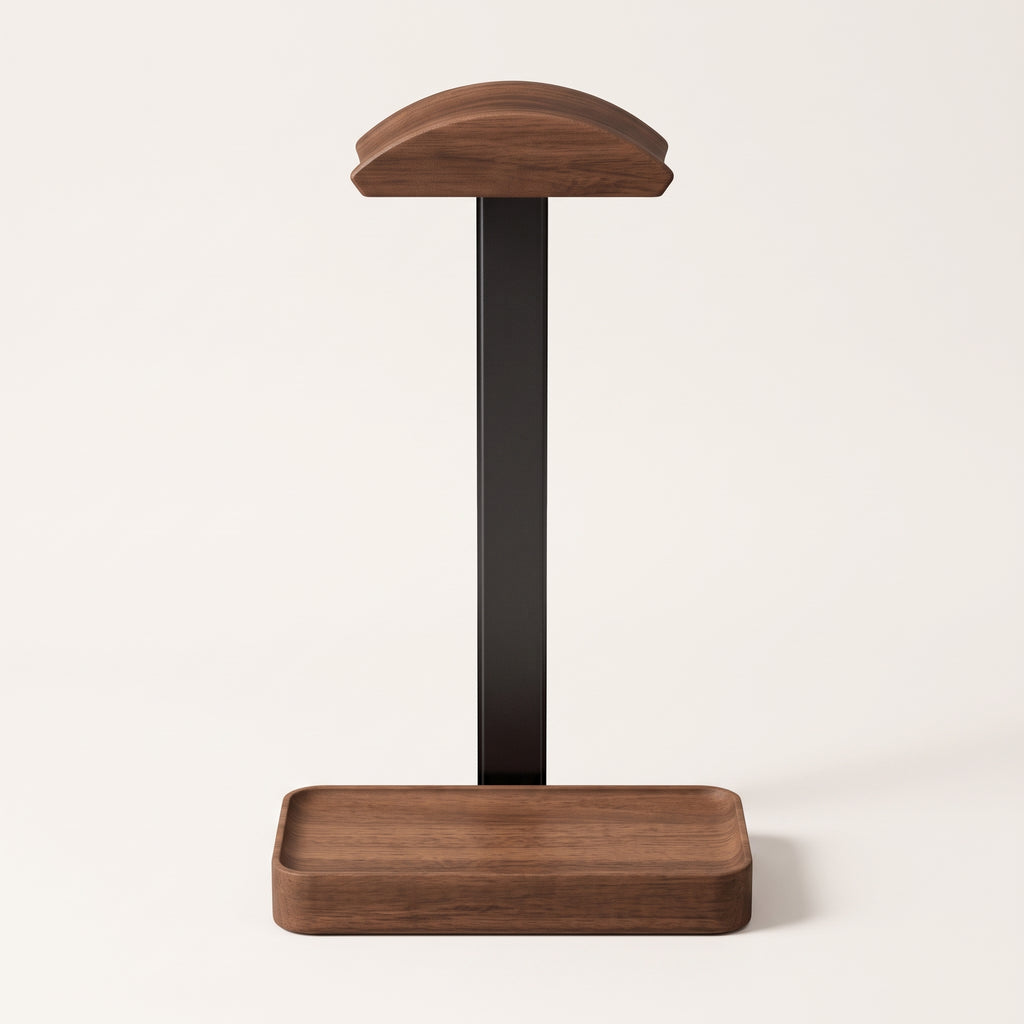 Walnut headphone stand from the front, showing the width of the yoke and the base tray