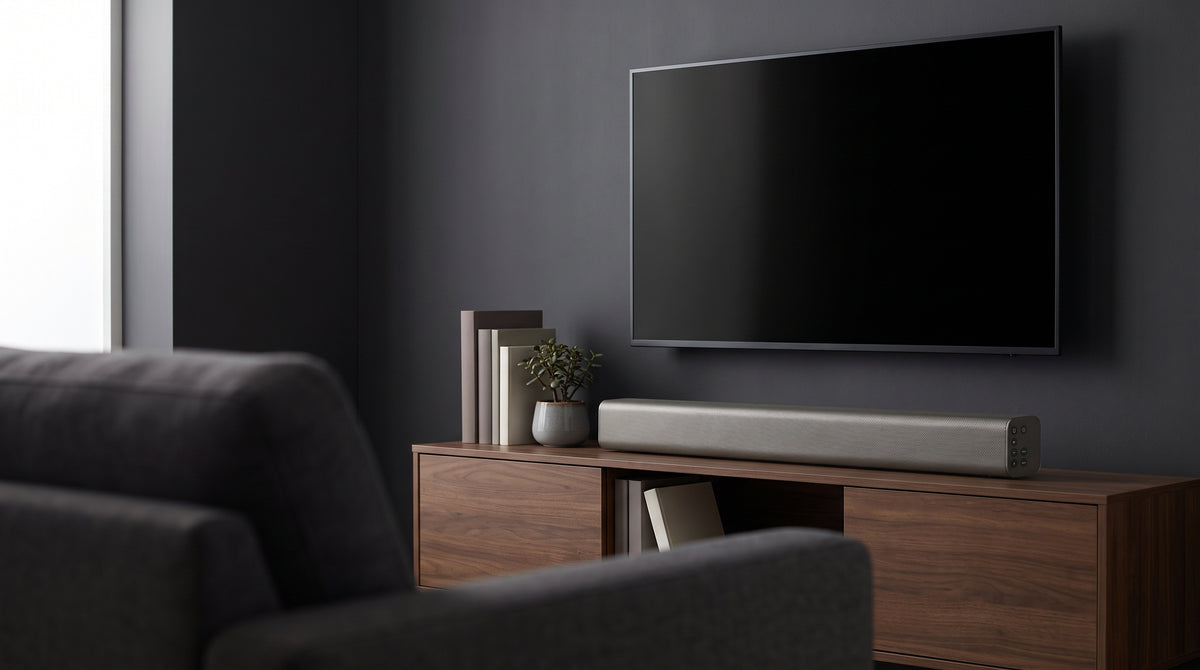 Stereo TV soundbar on a console beneath a wall-mounted television