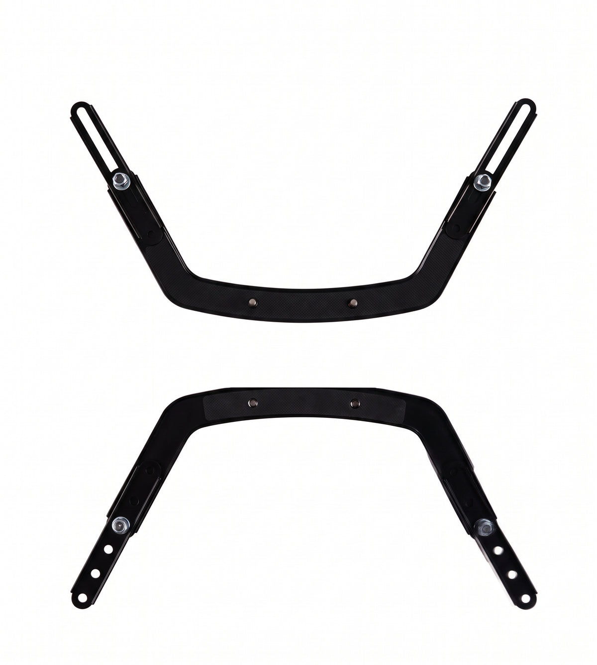 The two steel arms of the VESA adapter bracket, showing the mounting plate and adjustment slots
