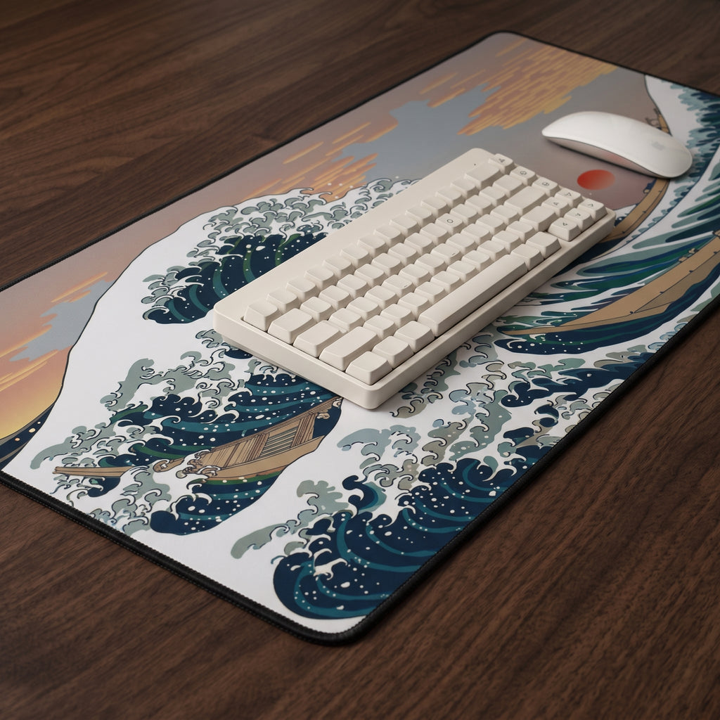 Great Wave desk mat on a walnut desk with a keyboard, showing the stitched edge