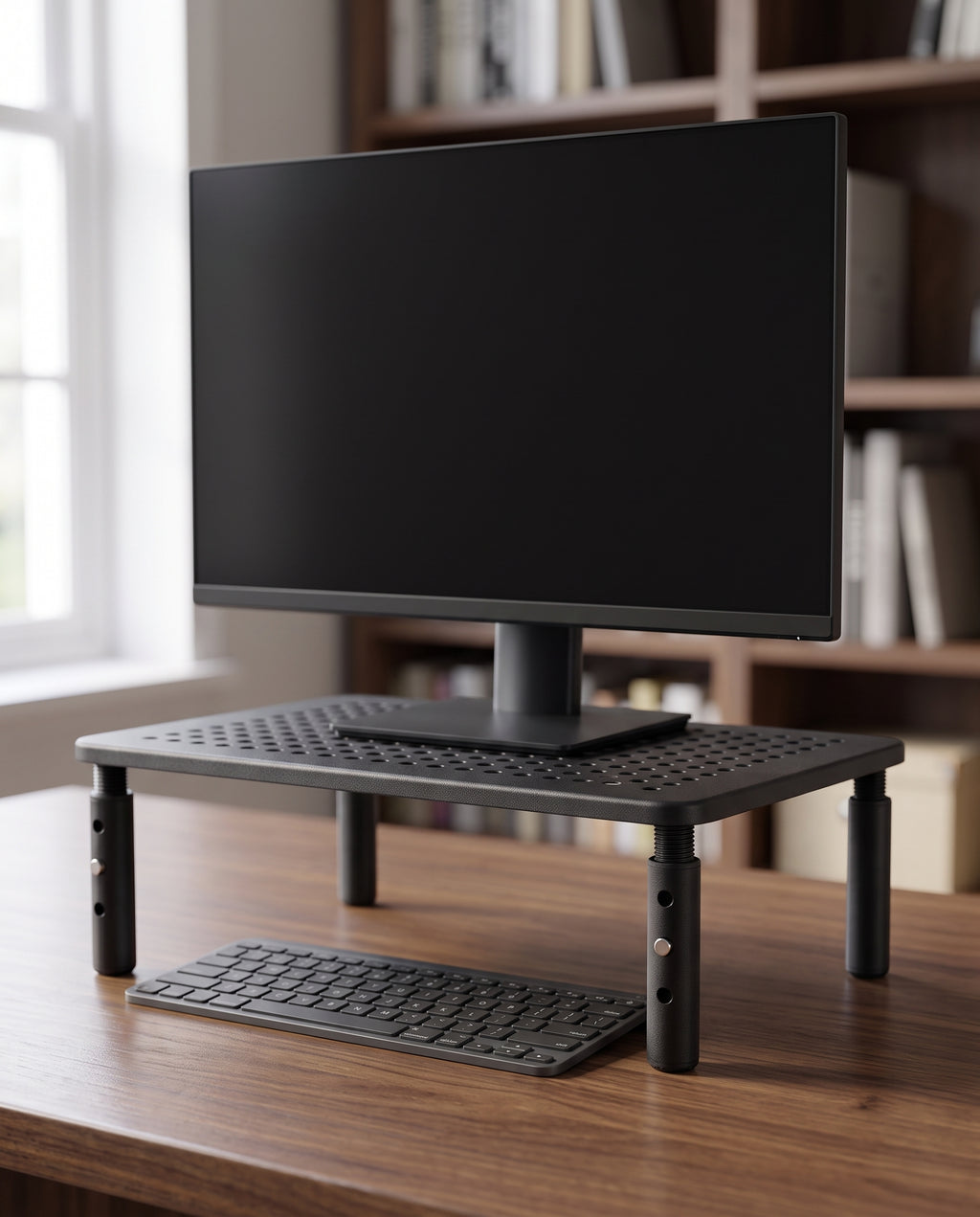 Monitor riser on a walnut desk lifting a monitor with the keyboard stored underneath