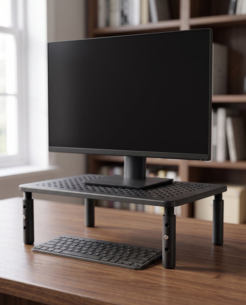 Monitor riser on a walnut desk lifting a monitor with the keyboard stored underneath