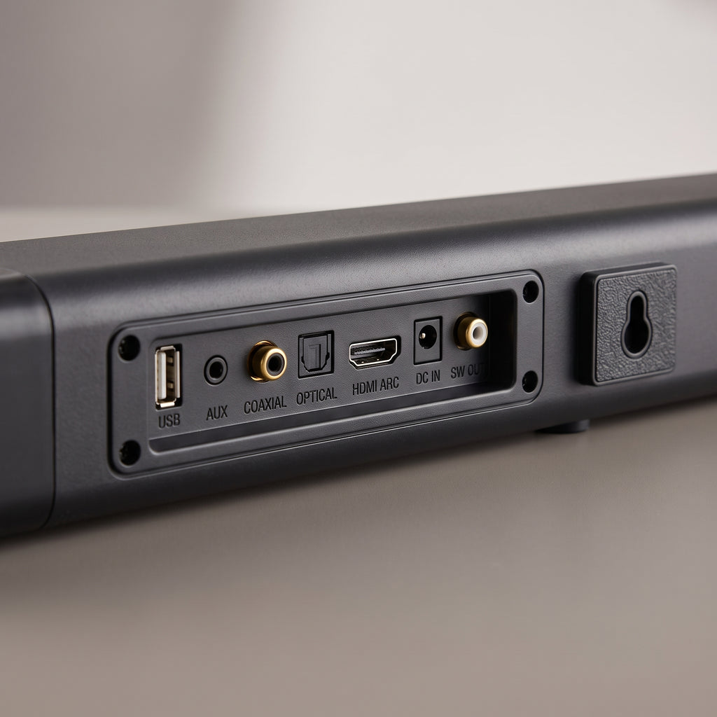 Close-up of the stereo TV soundbar's rear panel with optical, HDMI ARC, AUX and USB inputs