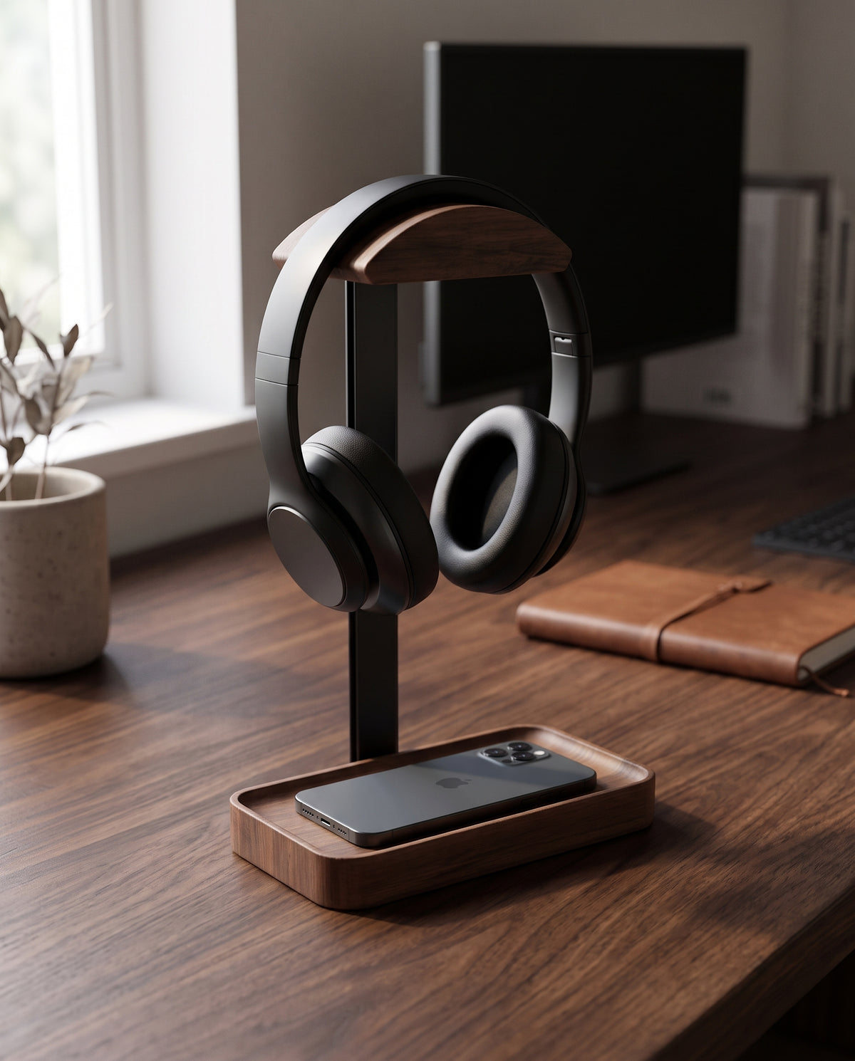 Headphone stand on a walnut desk with headphones on the yoke and a phone in the base tray