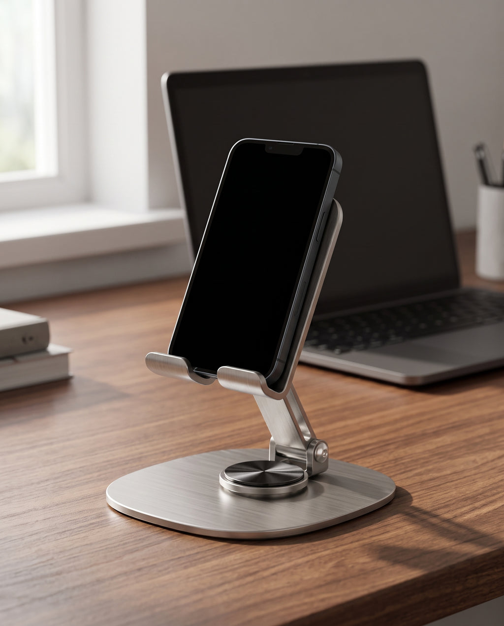 Two folding phone stands side by side set to different angles, showing the tilt range
