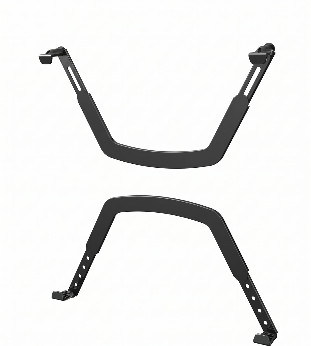 VESA adapter bracket arms at an angle, showing the hooks that grip the top and bottom of a monitor