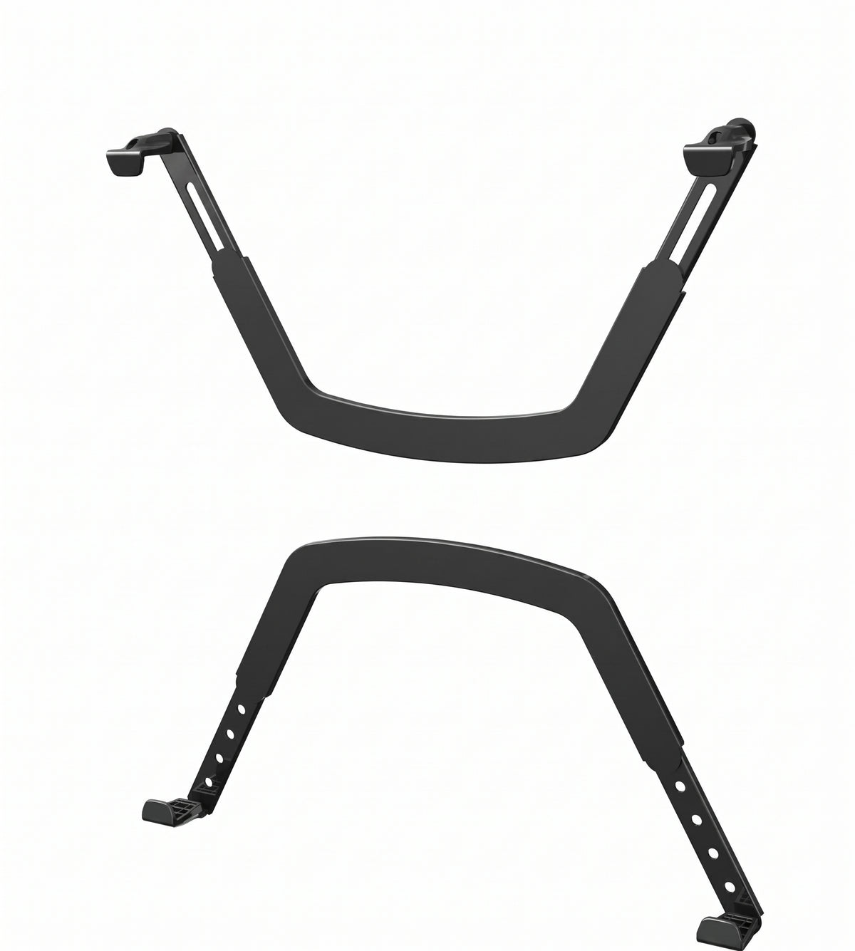 VESA adapter bracket arms at an angle, showing the hooks that grip the top and bottom of a monitor