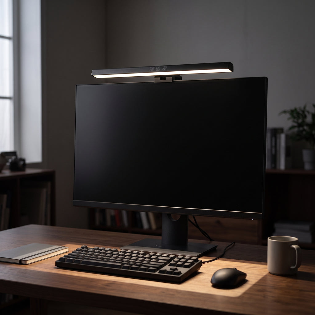 Monitor light bar lit above a 27-inch monitor, casting an even pool of light across the keyboard in a dark room