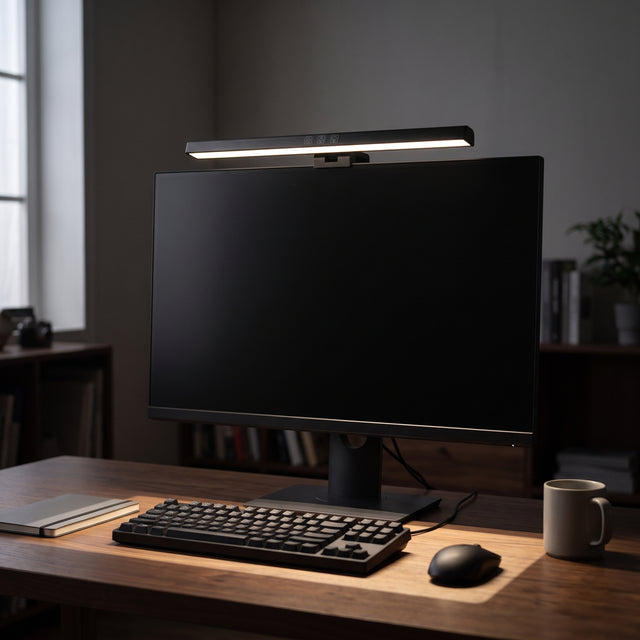 Monitor light bar lit above a 27-inch monitor, casting an even pool of light across the keyboard in a dark room