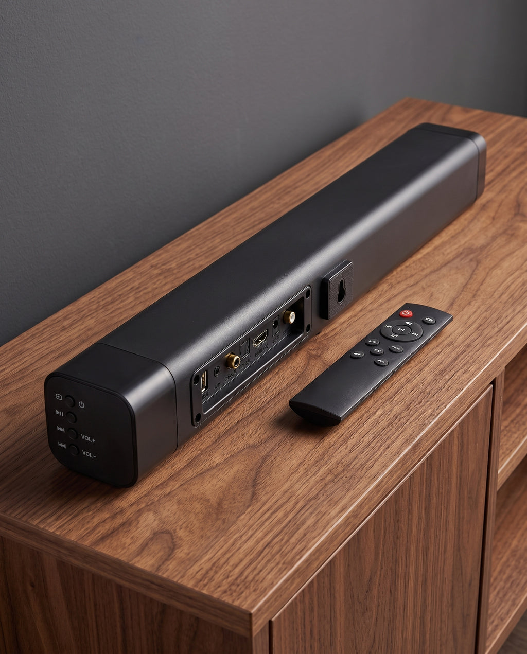 Stereo TV soundbar on a walnut console with its remote control beside it