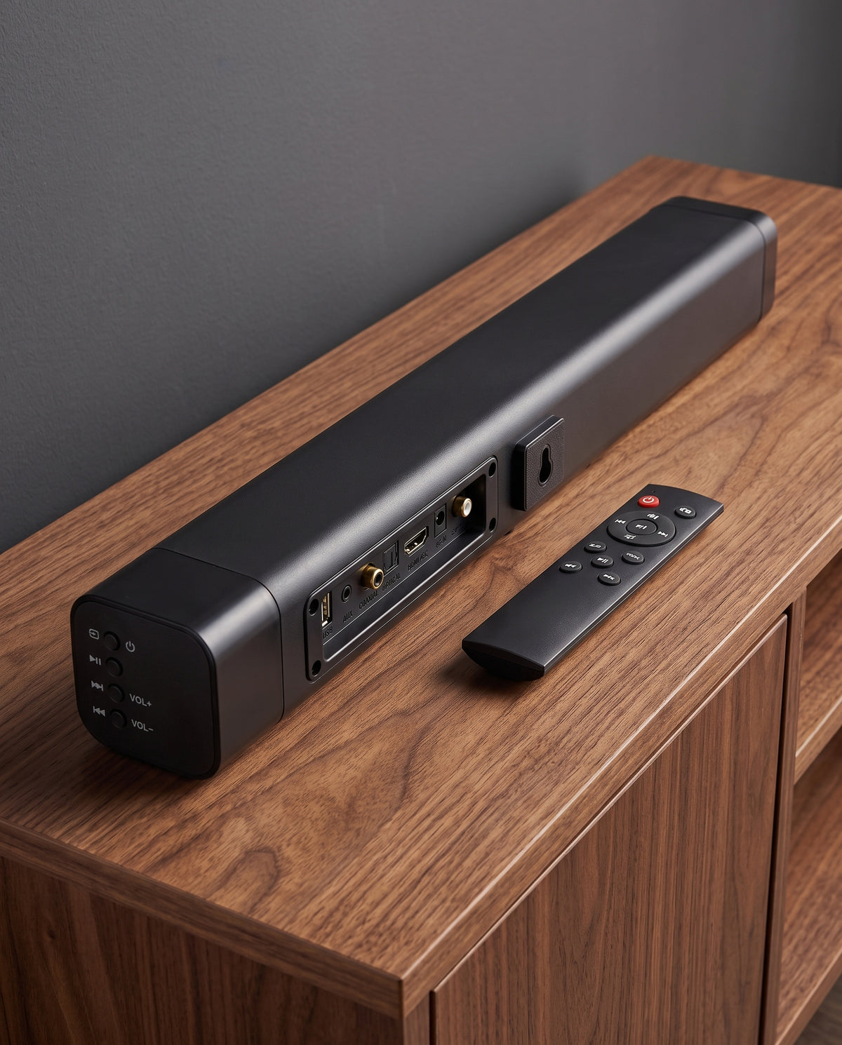 Stereo TV soundbar on a walnut console with its remote control beside it