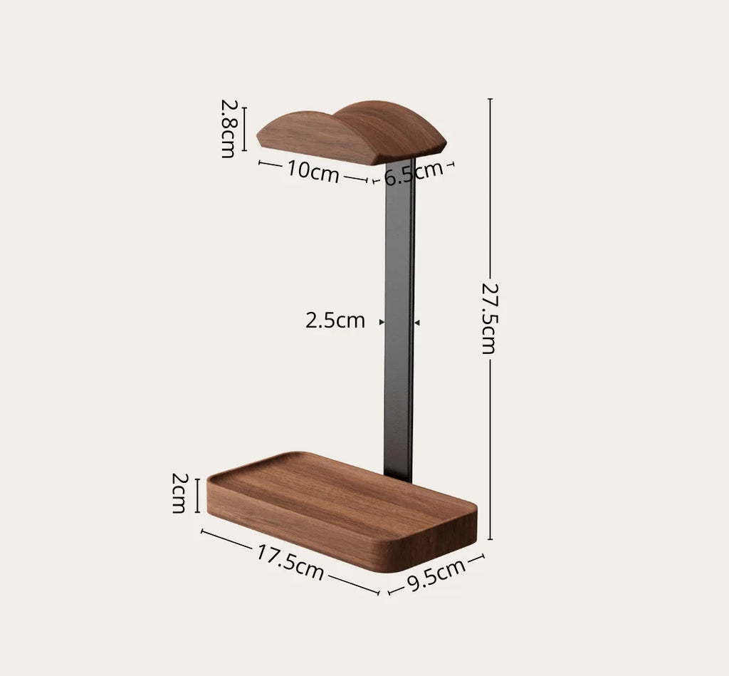Dimension diagram for the walnut headphone stand: 27.5 cm tall with a 17.5 by 9.5 cm base