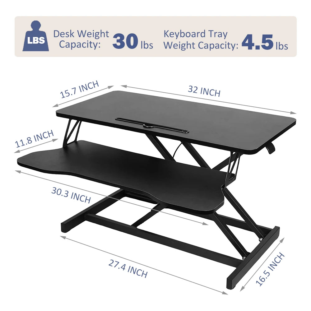 Dimension diagram for the sit-stand desk converter: 32 inch width, 30 lb desk capacity, 4.5 lb keyboard tray