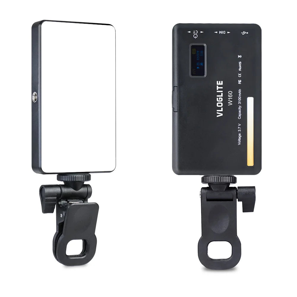 Front and back of the clip-on video call light, showing the diffuser panel and the spring clip