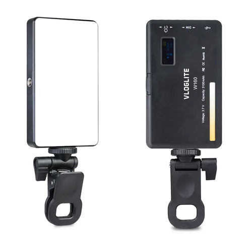 Front and back of the clip-on video call light, showing the diffuser panel and the spring clip