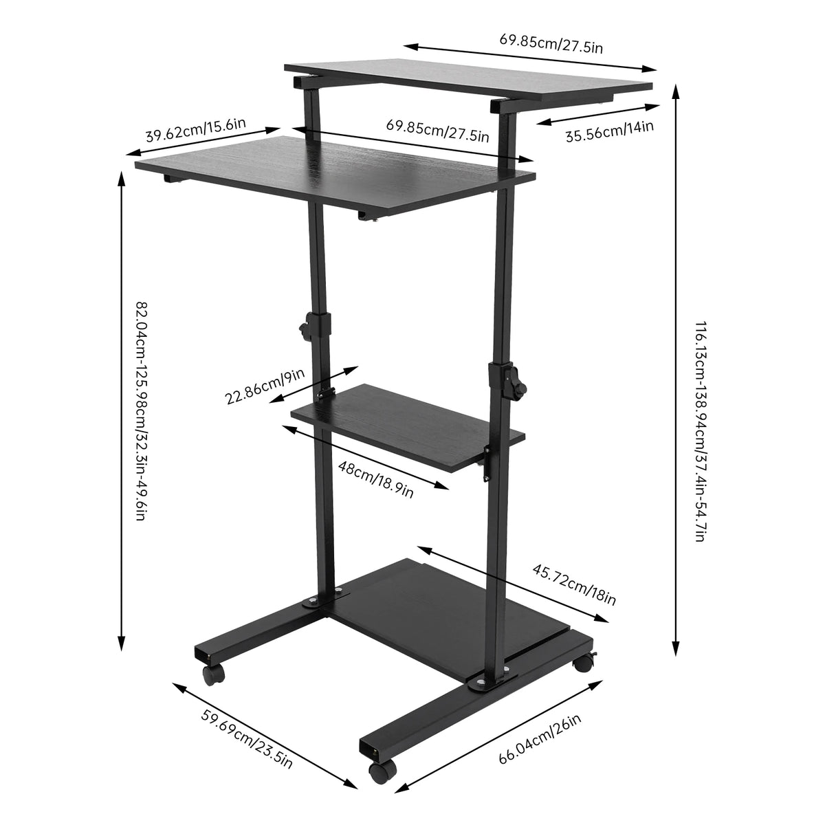 Mobile standing desk cart dimension diagram showing the height range and base size