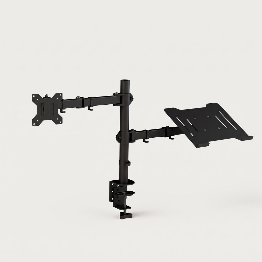 Monitor arm with laptop tray, complete with the desk clamp, arm and tray assembled