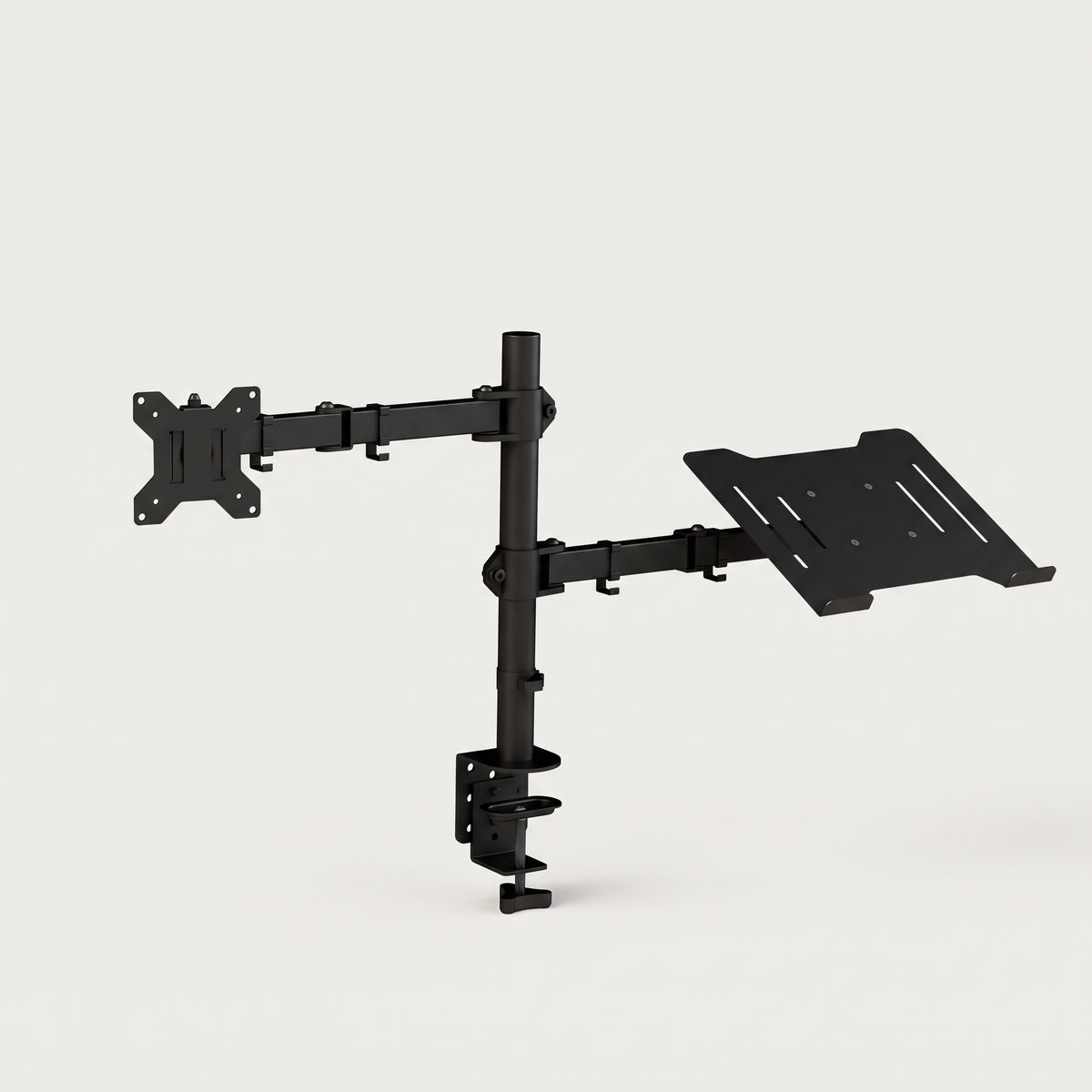 Monitor arm with laptop tray, complete with the desk clamp, arm and tray assembled