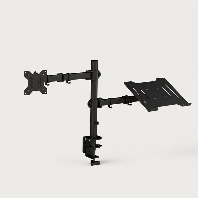 Monitor arm with laptop tray, complete with the desk clamp, arm and tray assembled