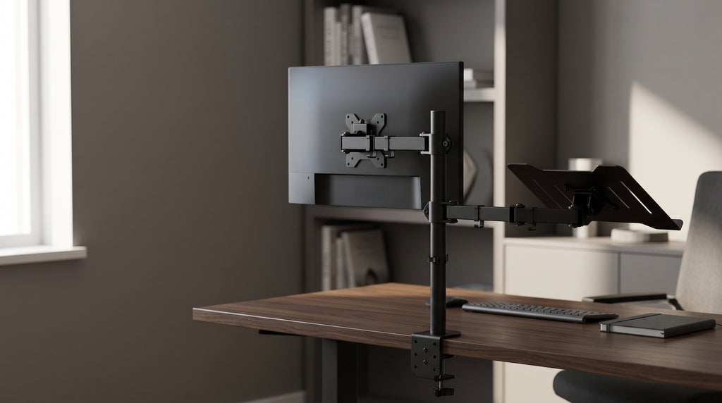 Monitor arm with laptop tray in use at a home office desk, monitor above the keyboard and laptop on the tray