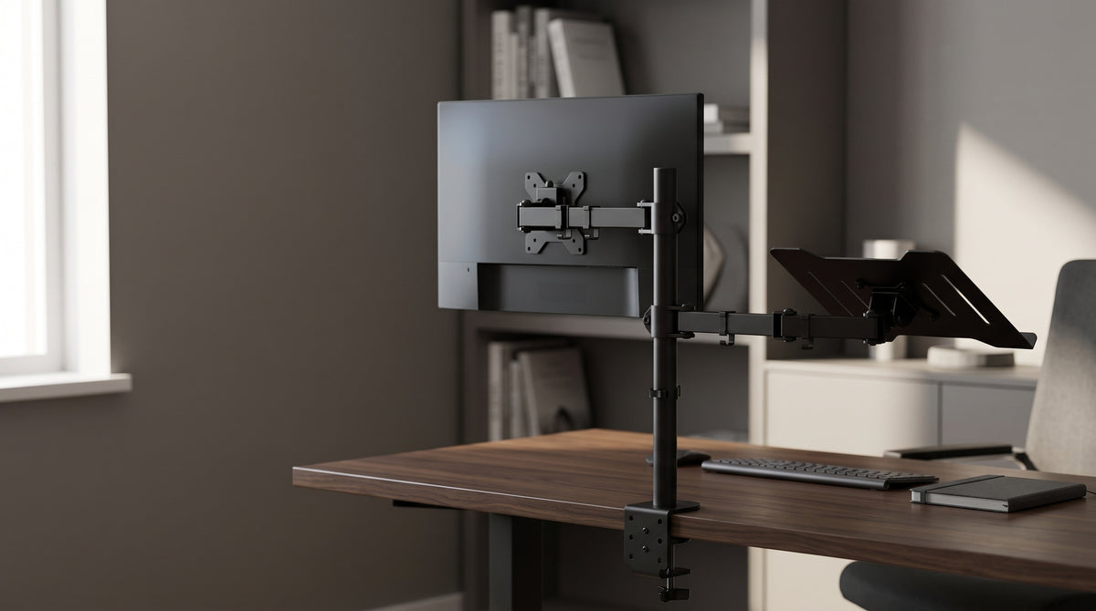 Monitor arm with laptop tray in use at a home office desk, monitor above the keyboard and laptop on the tray