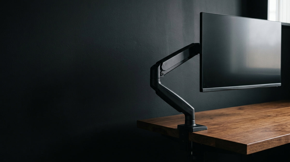 A monitor held on a black aluminium monitor arm at the edge of a walnut desk, lit from one side in a dark room